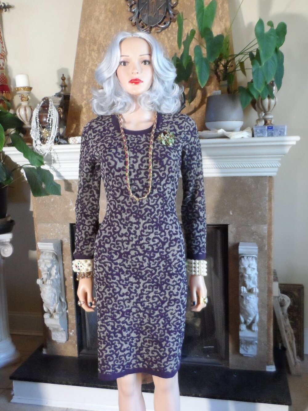 New M Missoni Purple/Beige Scroll Print Knit Sheath Dress Size IT 44- US 8